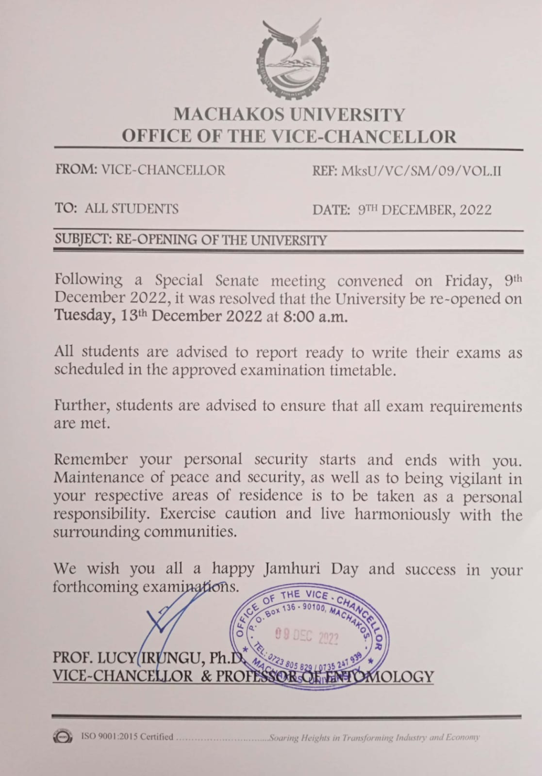 Machakos University reopens next Tuesday