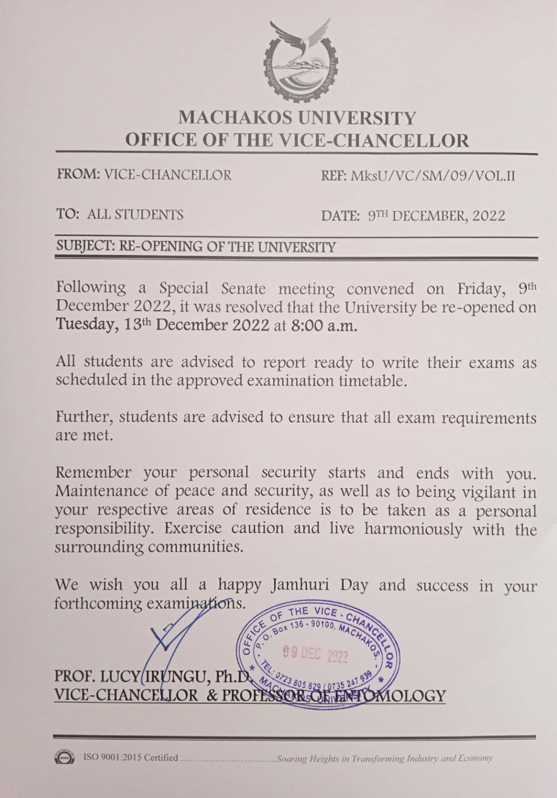 Machakos University reopens next Tuesday