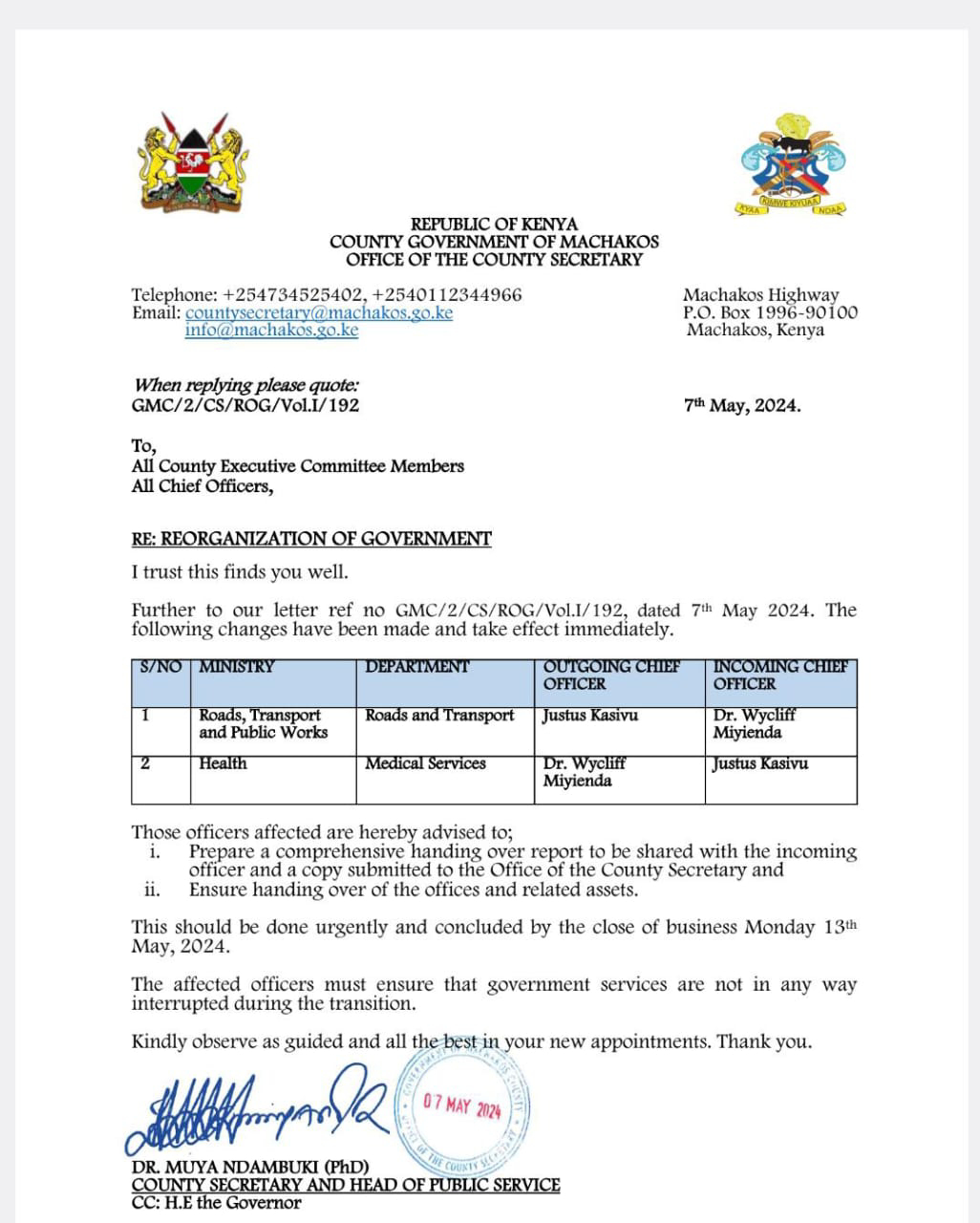 Wavinya's second shuffle in a day