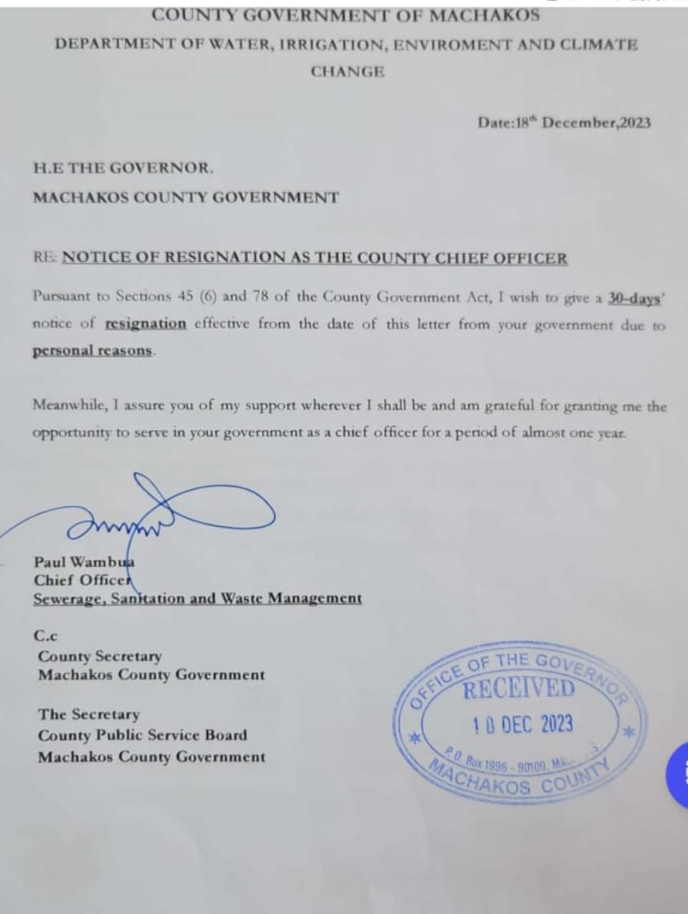 Wavinya's Chief Officer quits