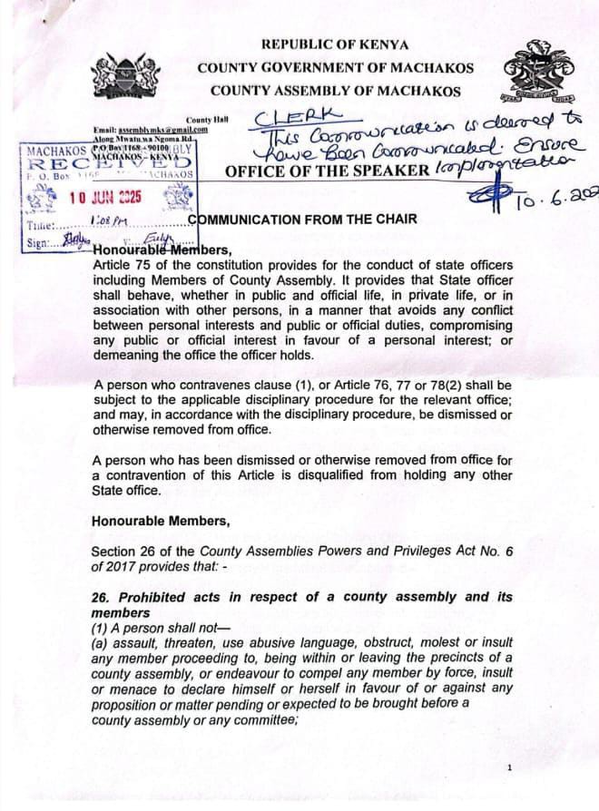 Kiusya Suspends Nzioka, 8 MCAs in Swift Purge