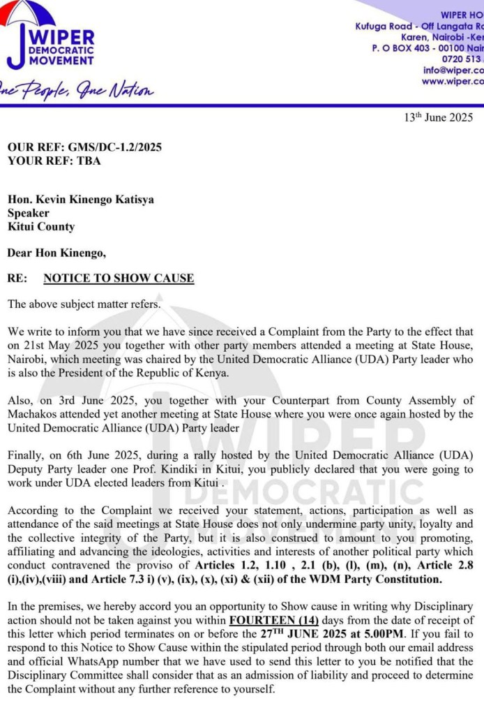 Wiper Issues ‘Show Cause’ Demand to Speakers Kiusya, Kinengo