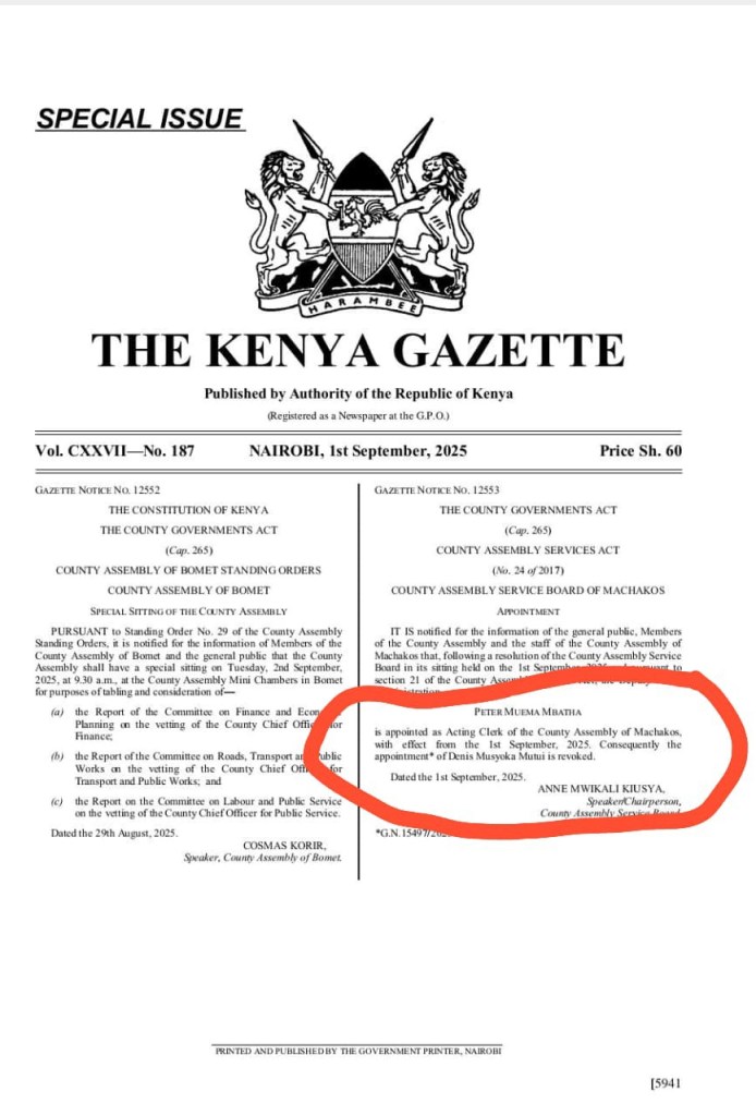 UPDATE: New Assembly Clerk Gazetted as Kiusya Cracks the Whip